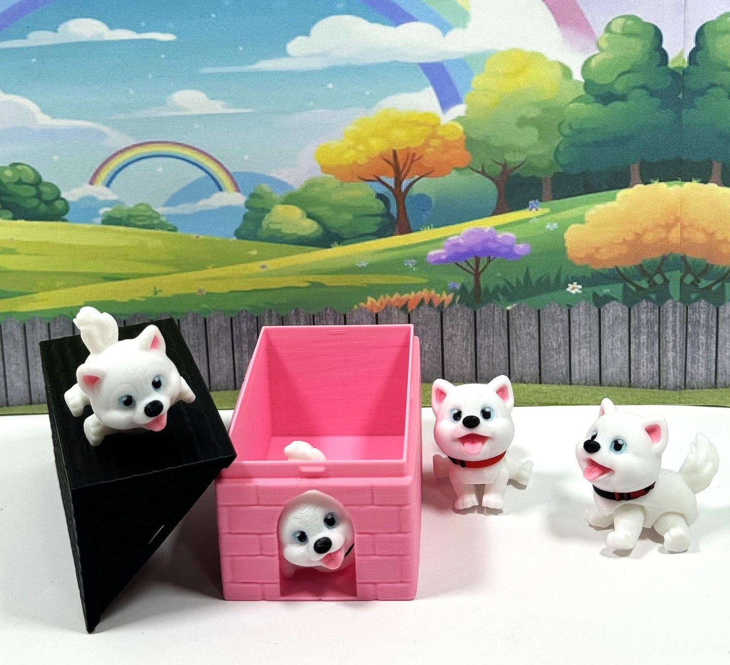 4pcs 3D Printed Dog with Dog House, Articulated Baby Husky Chibi Edition Toy, White Posable and Movable Head and Joints Animal, Fidget ADHD Autism Toy CH001-WHT-PH