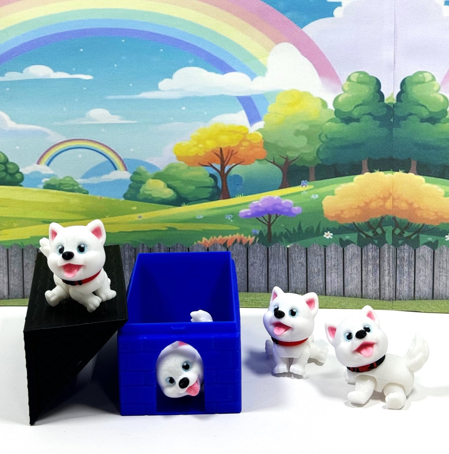 4pcs 3D Printed Dog with Dog House, Articulated Baby Husky Chibi Edition Toy, White Posable and Movable Head and Joints Animal, Fidget ADHD Autism Toy CH001-WHT-BH