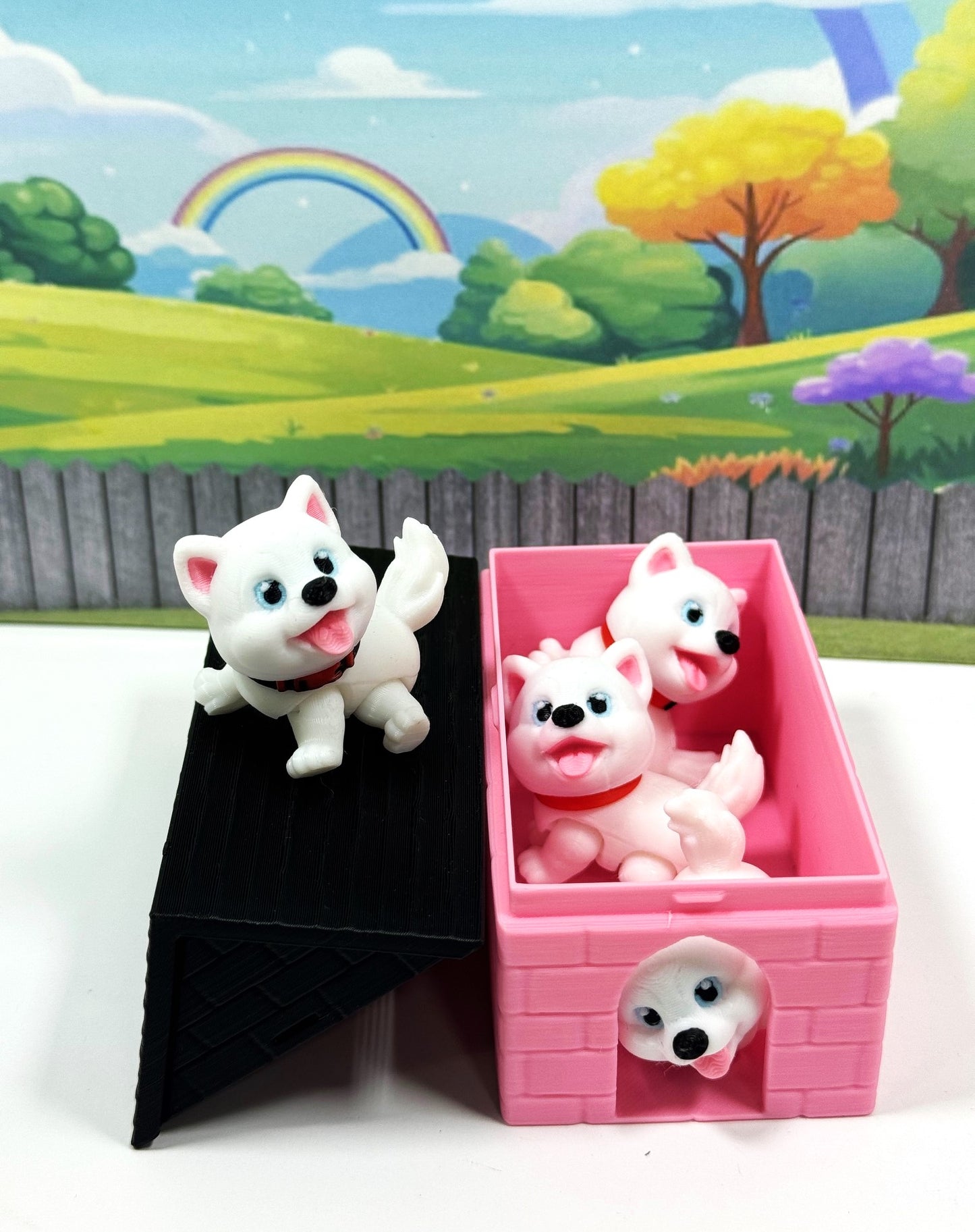 4pcs 3D Printed Dog with Dog House, Articulated Baby Husky Chibi Edition Toy, White Posable and Movable Head and Joints Animal, Fidget ADHD Autism Toy CH001-WHT-PH
