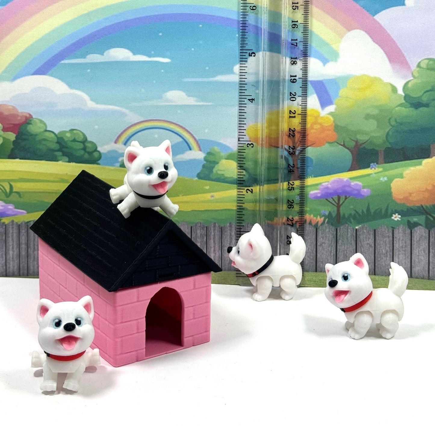 4pcs 3D Printed Dog with Dog House, Articulated Baby Husky Chibi Edition Toy, White Posable and Movable Head and Joints Animal, Fidget ADHD Autism Toy CH001-WHT-PH