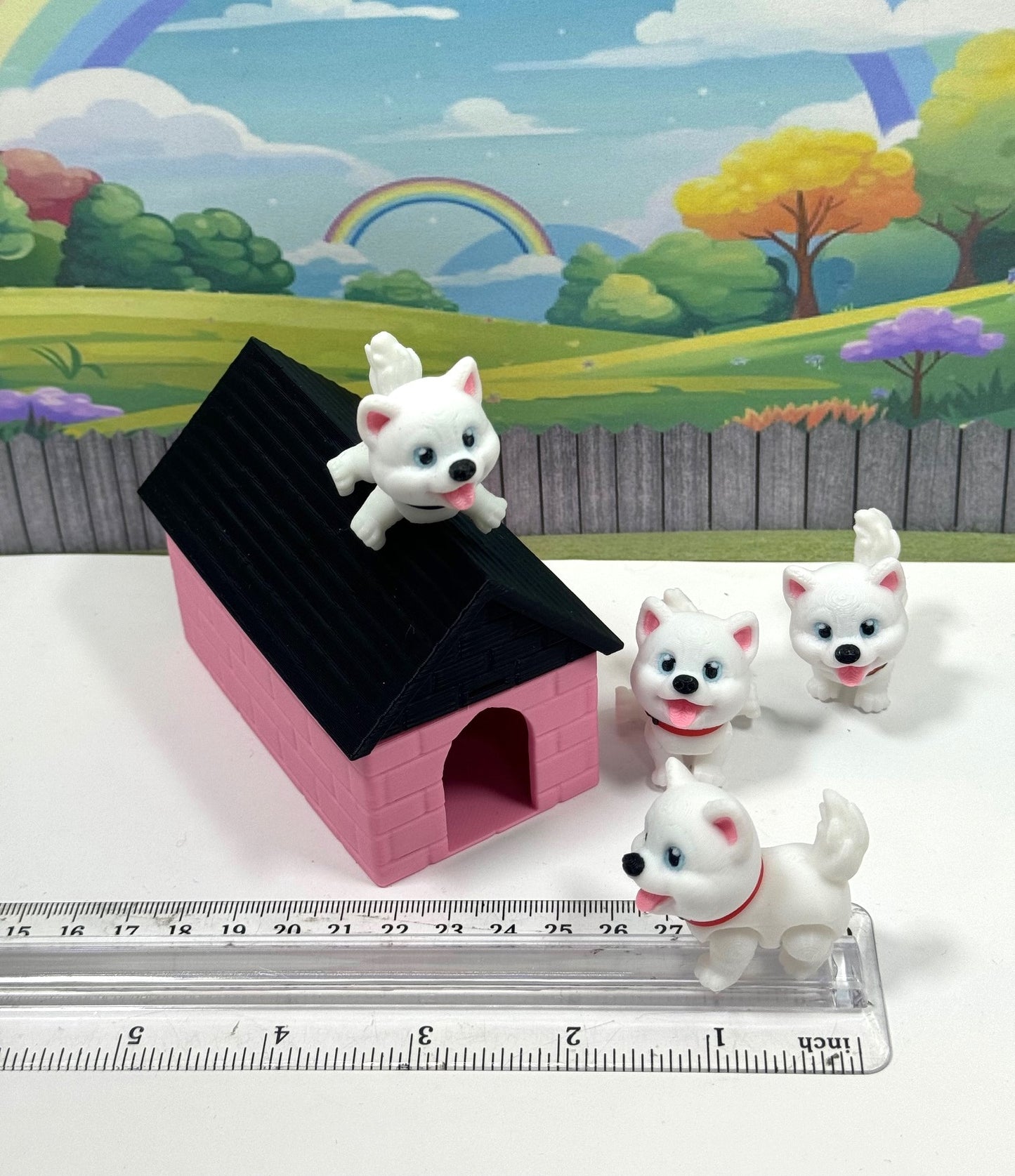 4pcs 3D Printed Dog with Dog House, Articulated Baby Husky Chibi Edition Toy, White Posable and Movable Head and Joints Animal, Fidget ADHD Autism Toy CH001-WHT-PH