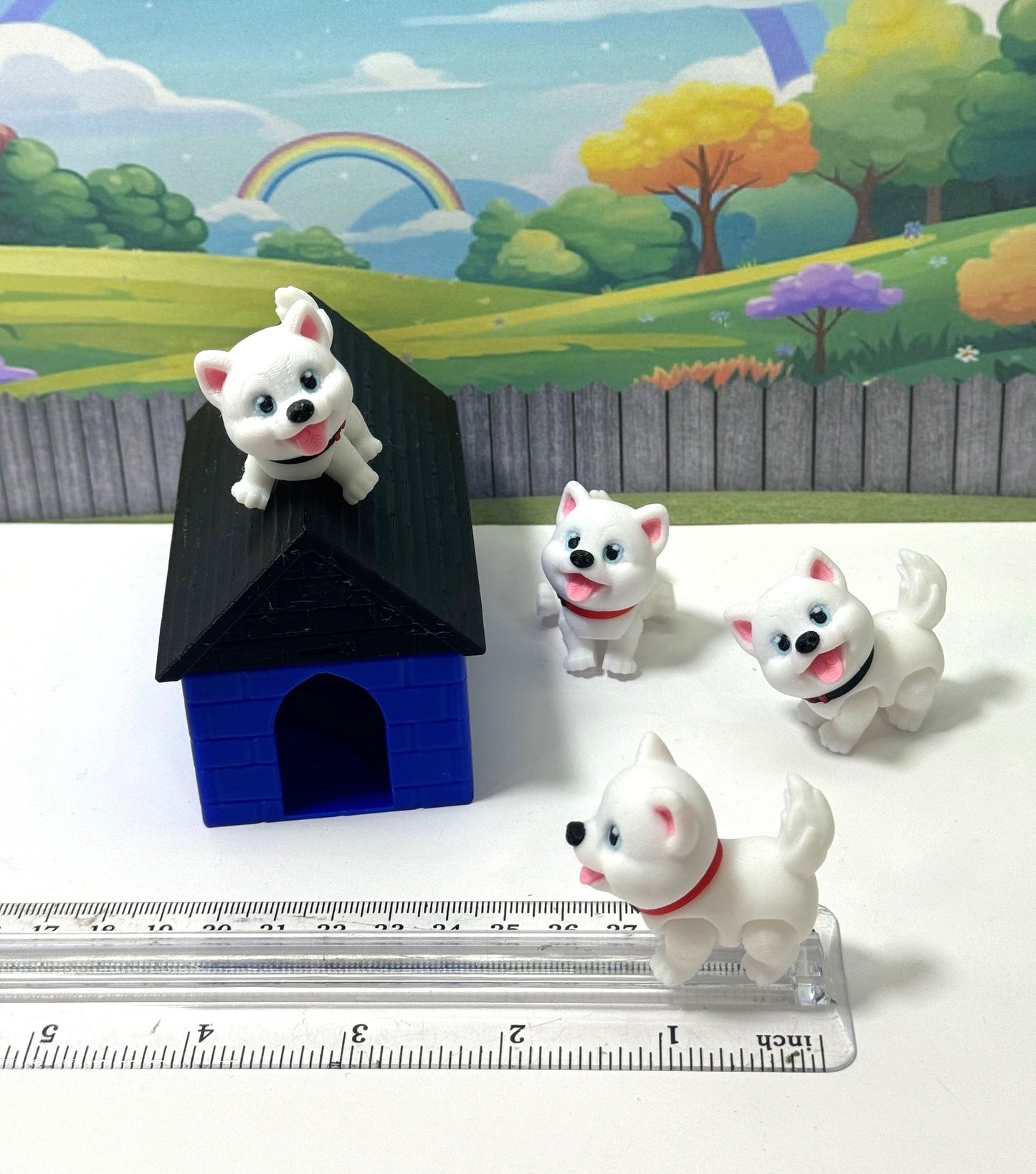 4pcs 3D Printed Dog with Dog House, Articulated Baby Husky Chibi Edition Toy, White Posable and Movable Head and Joints Animal, Fidget ADHD Autism Toy CH001-WHT-BH