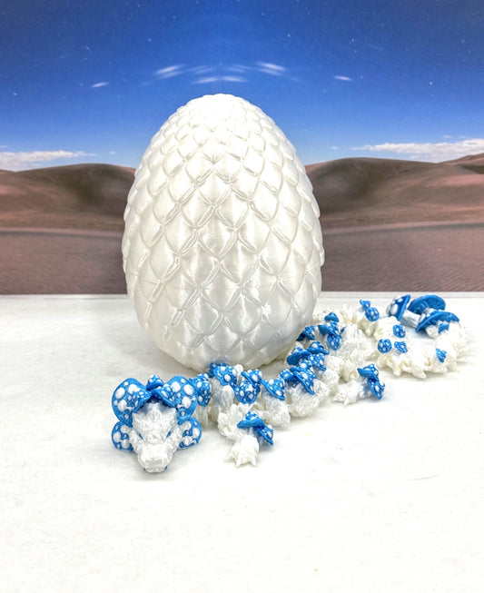 3D Printed Dragon with Egg, Articulated White and Pink Mushroom Dragon, Fidget ADHD Dragon Toy - D046WB