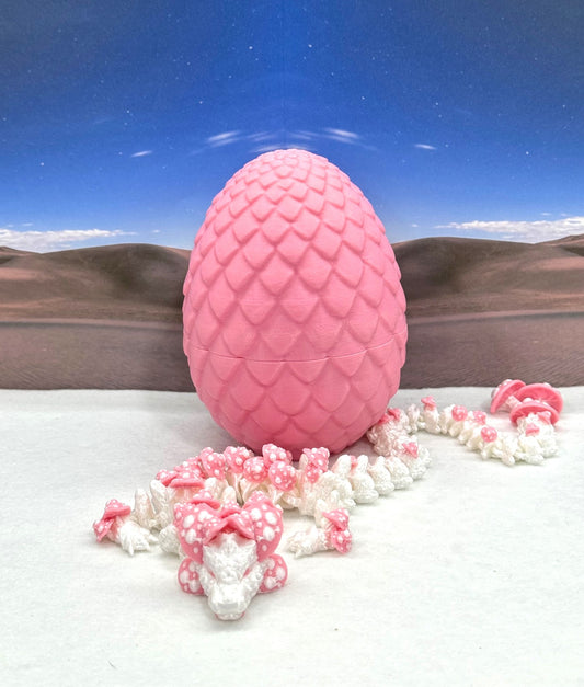 3D Printed Dragon with Egg, Articulated White and Pink Mushroom Dragon, Fidget ADHD Dragon Toy - D046WP-PE