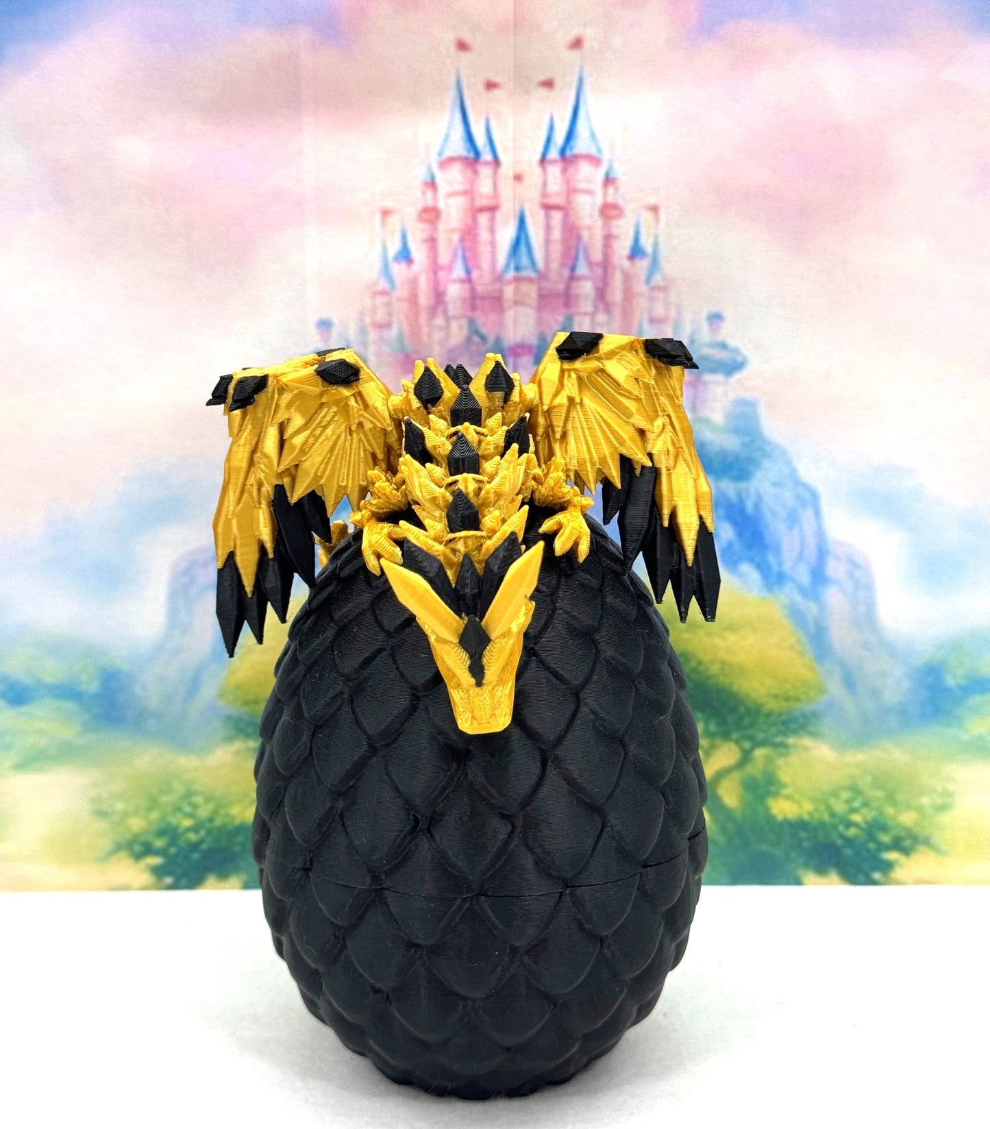 3D Printed Dragon with Egg, Articulated Gold and Black Crystal Winged Dragon, Fidget ADHD Dragon Toy - CW005-BE