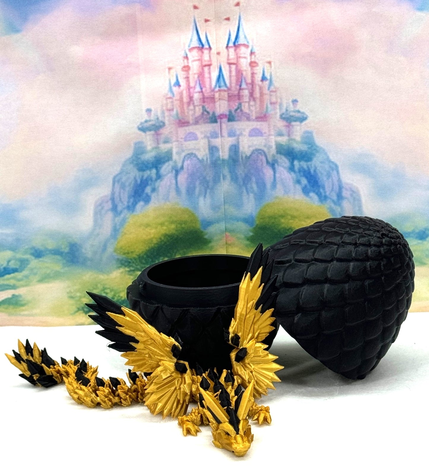 3D Printed Dragon with Egg, Articulated Gold and Black Crystal Winged Dragon, Fidget ADHD Dragon Toy - CW005-BE