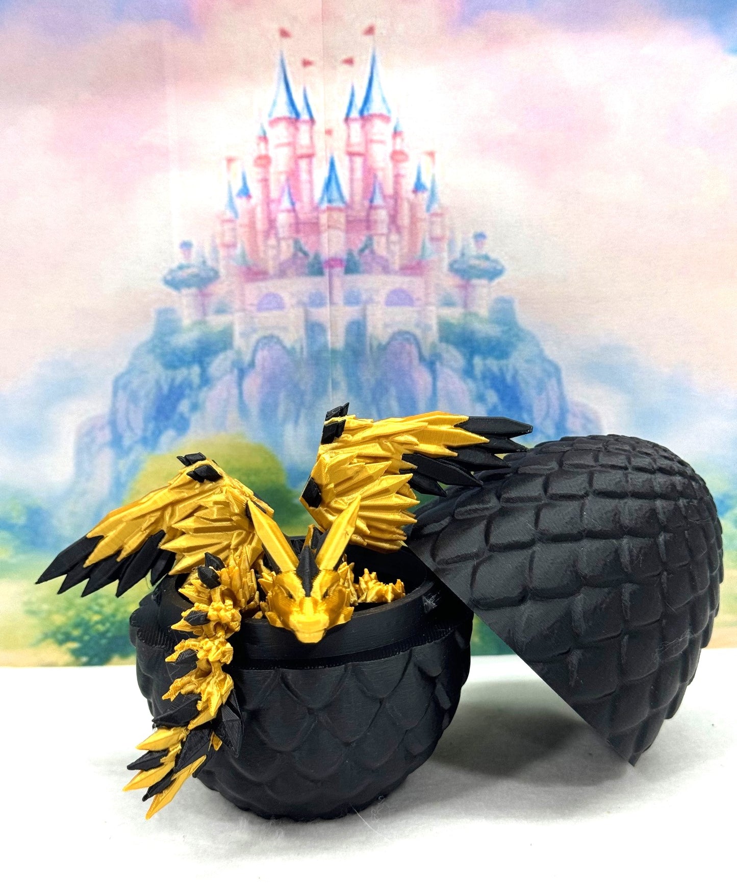 3D Printed Dragon with Egg, Articulated Gold and Black Crystal Winged Dragon, Fidget ADHD Dragon Toy - CW005-BE