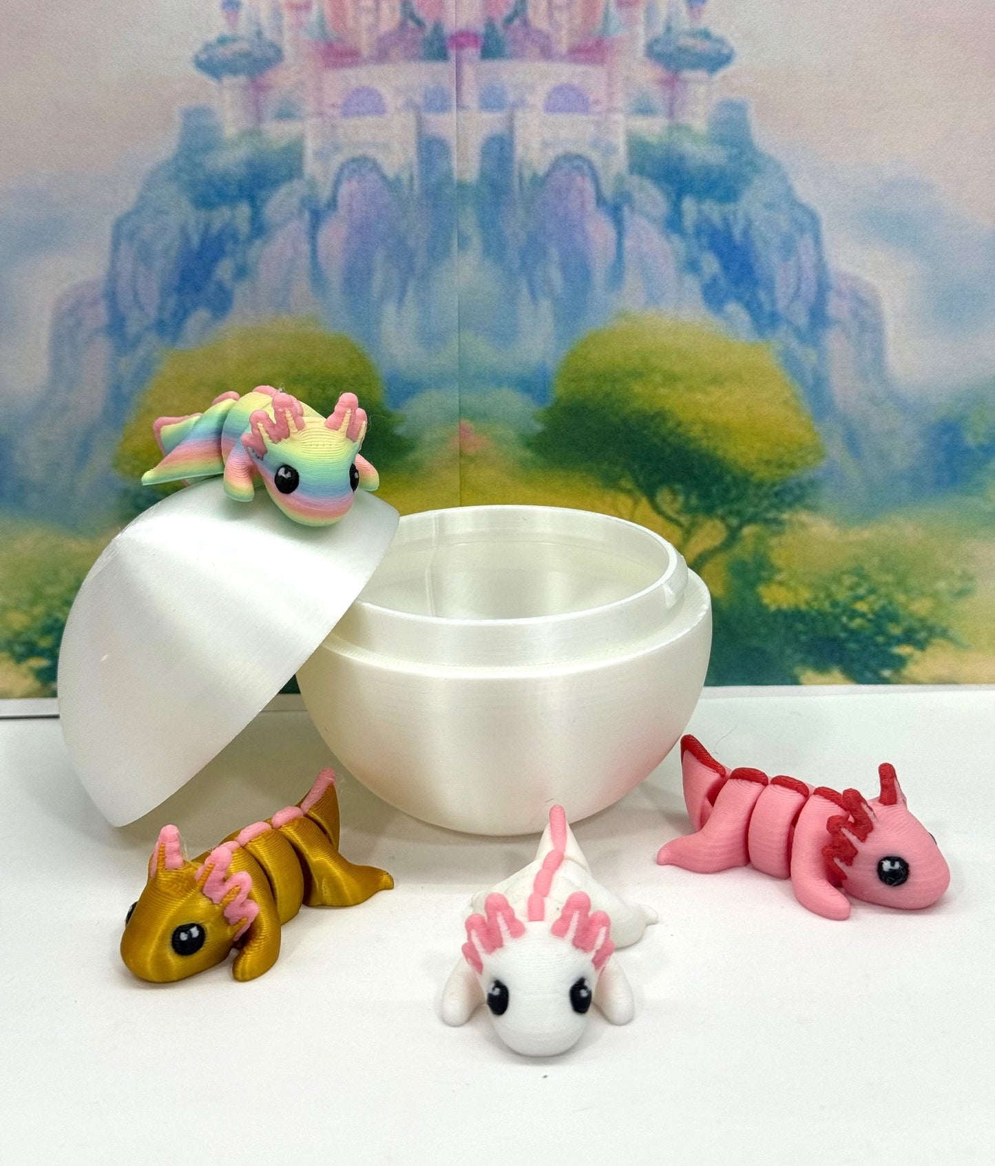 3D Printed Articulated Mini Axolotl with Egg, 4pcs Colorful Fidget Mini Axolotl Figures, Tiny Animal Figures, Birthday Party Decorations MA001