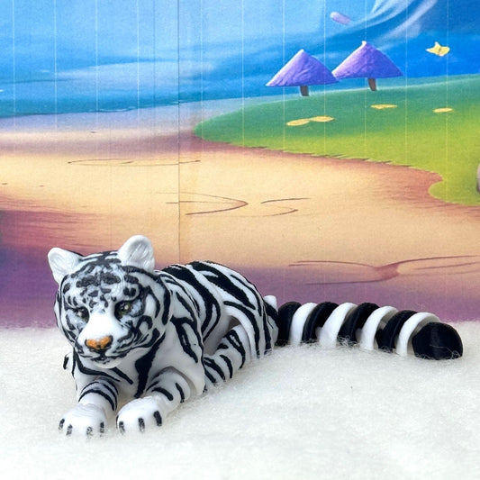 3D Printed Tiger, 6.5" Wild Animal Creature Tiger Toy, Articulated Fidget Animal for Home Office Executive Desk Decoration AT001-WHITE-S