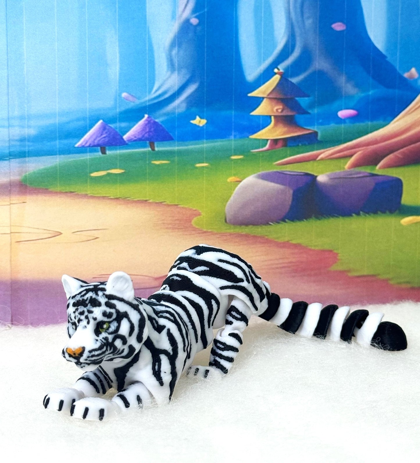 3D Printed Tiger, 6.5" Wild Animal Creature Tiger Toy, Articulated Fidget Animal for Home Office Executive Desk Decoration AT001-WHITE-S