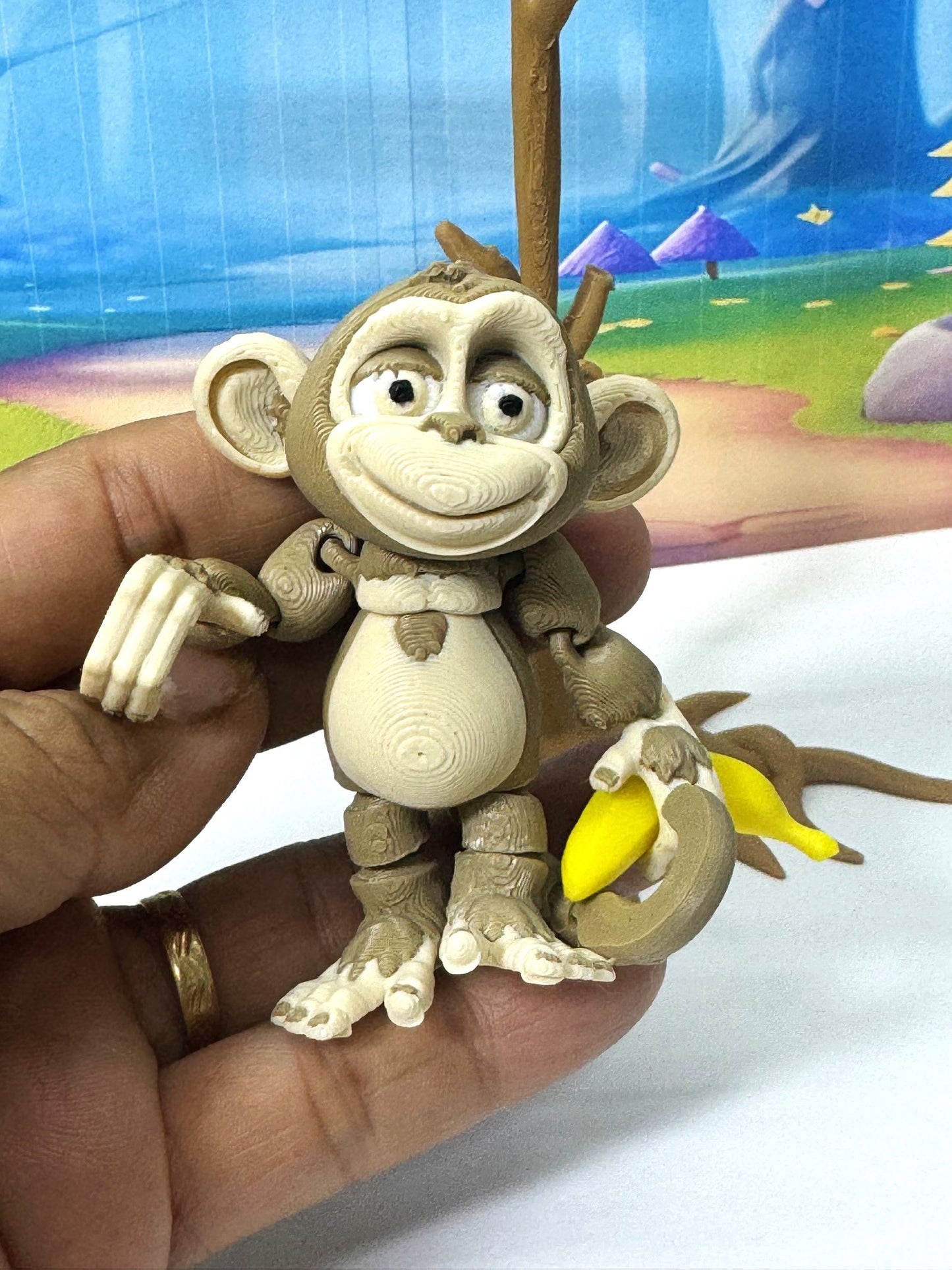3D Printed Articulated Monkey Fidget Toy, 3" Articulated Posable, Hangable Monkey, Stands on Its Own for Fun Poses and Display -AM001-S-MOCHA