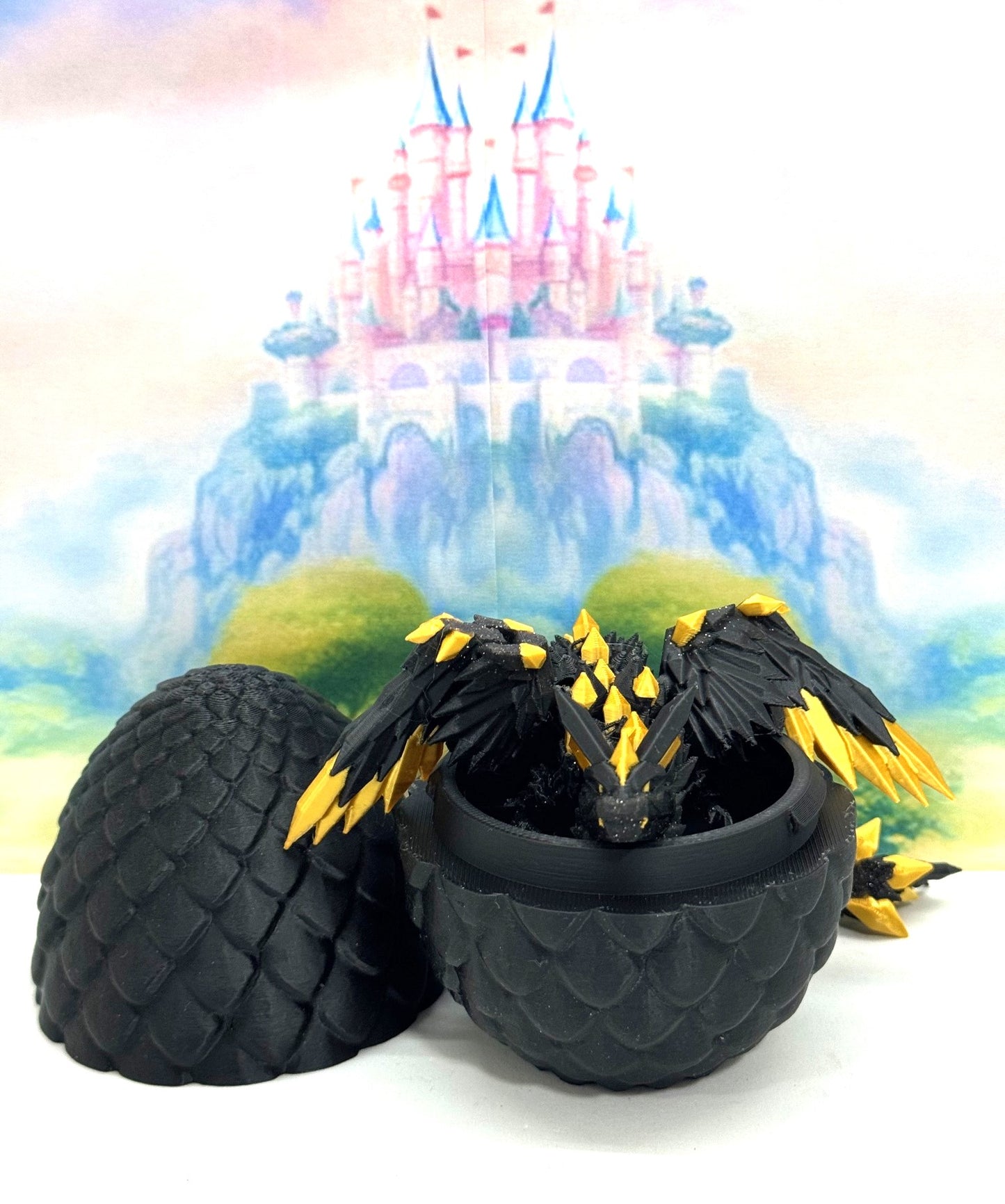 3D Printed Dragon with Egg, Black Articulated Crystal Winged Dragon, Fidget ADHD Dragon Toy - CW004-BE