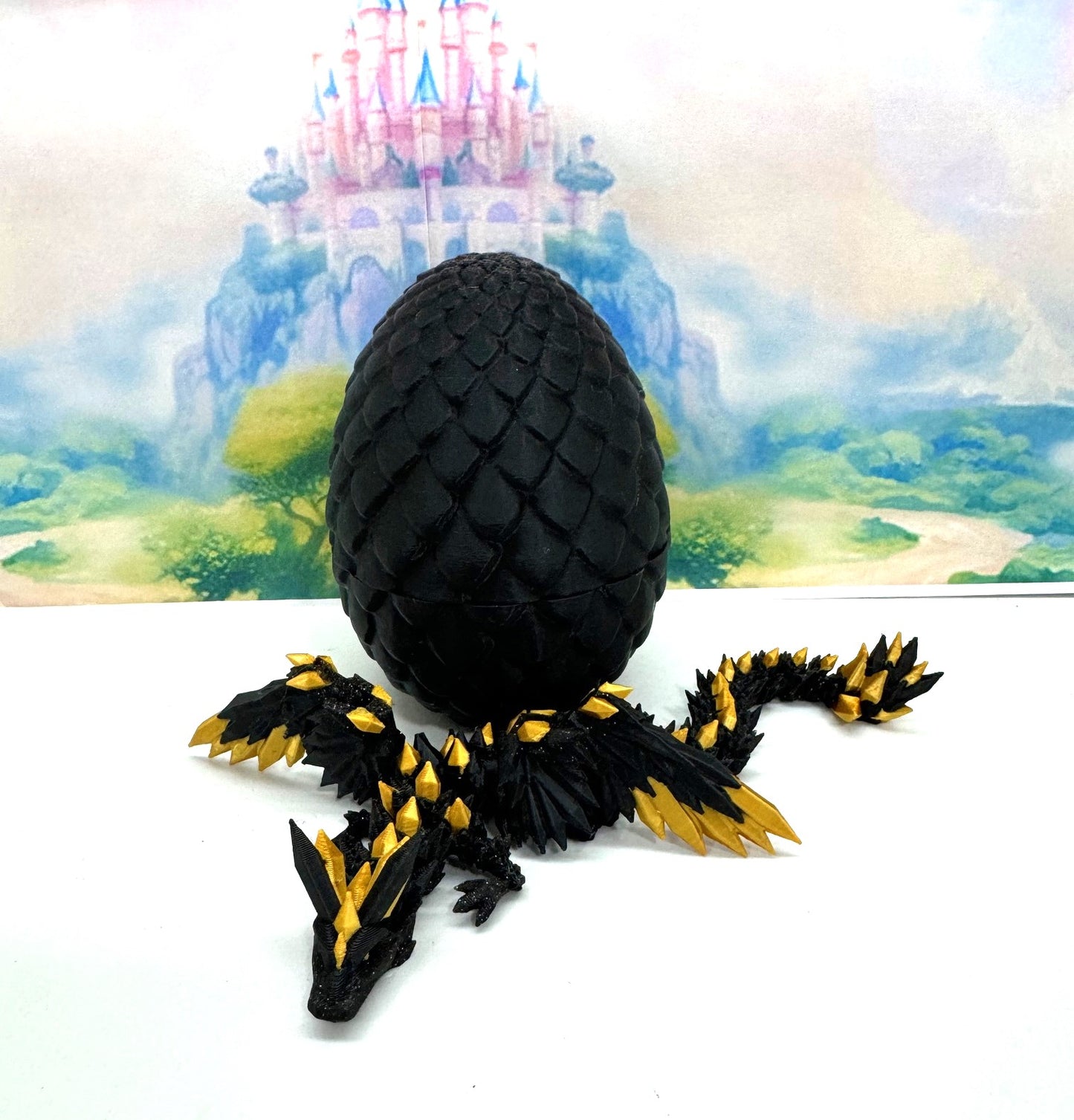 3D Printed Dragon with Egg, Black Articulated Crystal Winged Dragon, Fidget ADHD Dragon Toy - CW004-BE