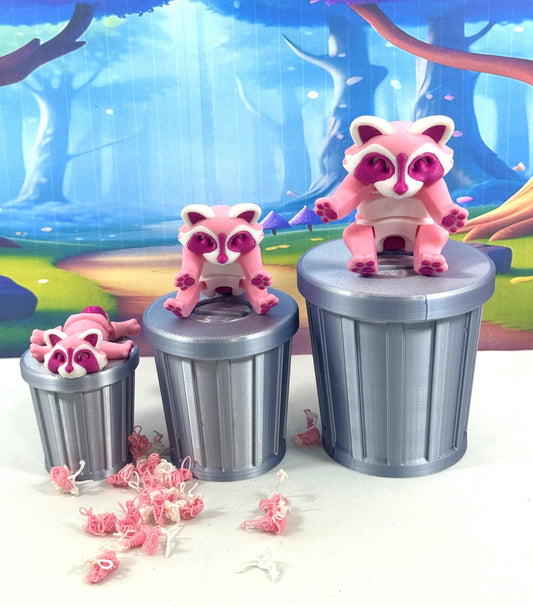 3pcs 3D Printed Racoon with Trashcan, Articulated Raspberry Trash Panda racoons, Tiny Animal Figures, Fidget ADHD Autism Toy AR006-SET