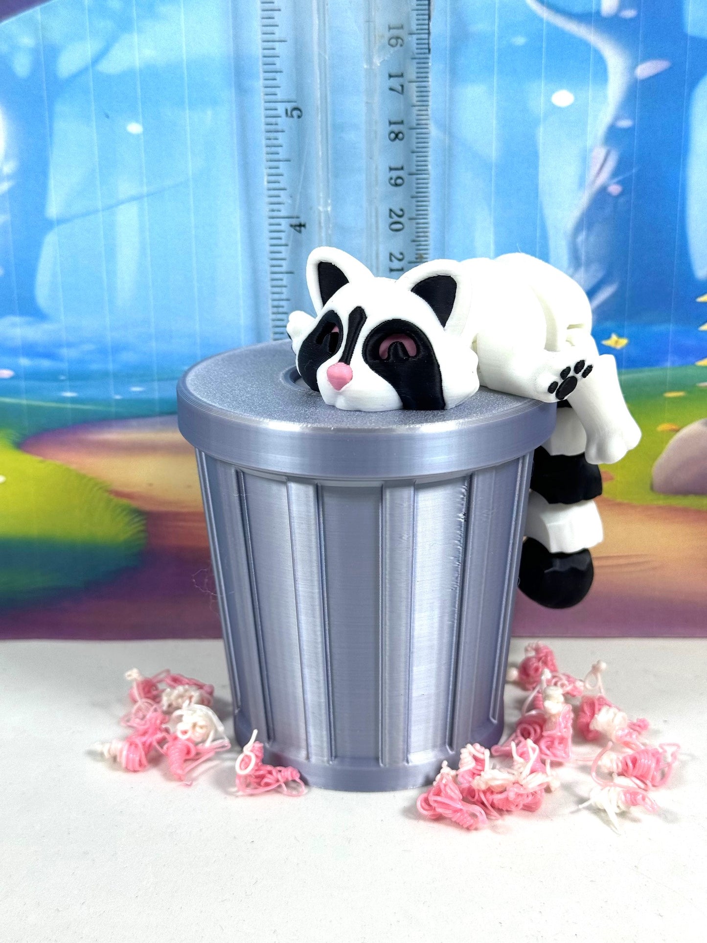 3PCS 3D Printed Racoon with Trashcan, Articulated White and Black Trash Panda racoons, Tiny Animal Figures, Birthday Party Decorations AR004-SET