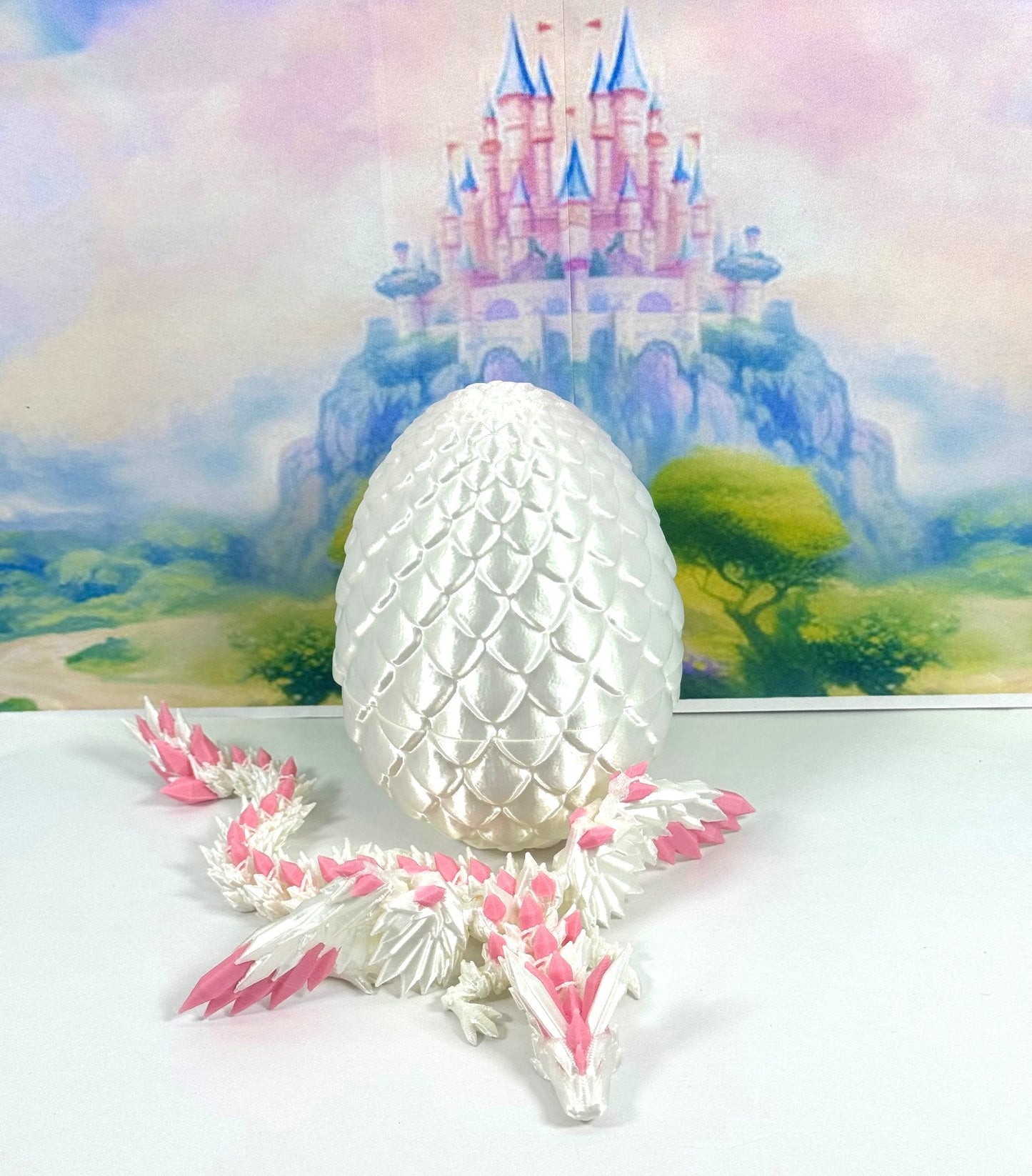 3D Printed Dragon with Egg, Articulated Crystal Winged Dragon, Fidget Dragon Toy - CW002WP-WE