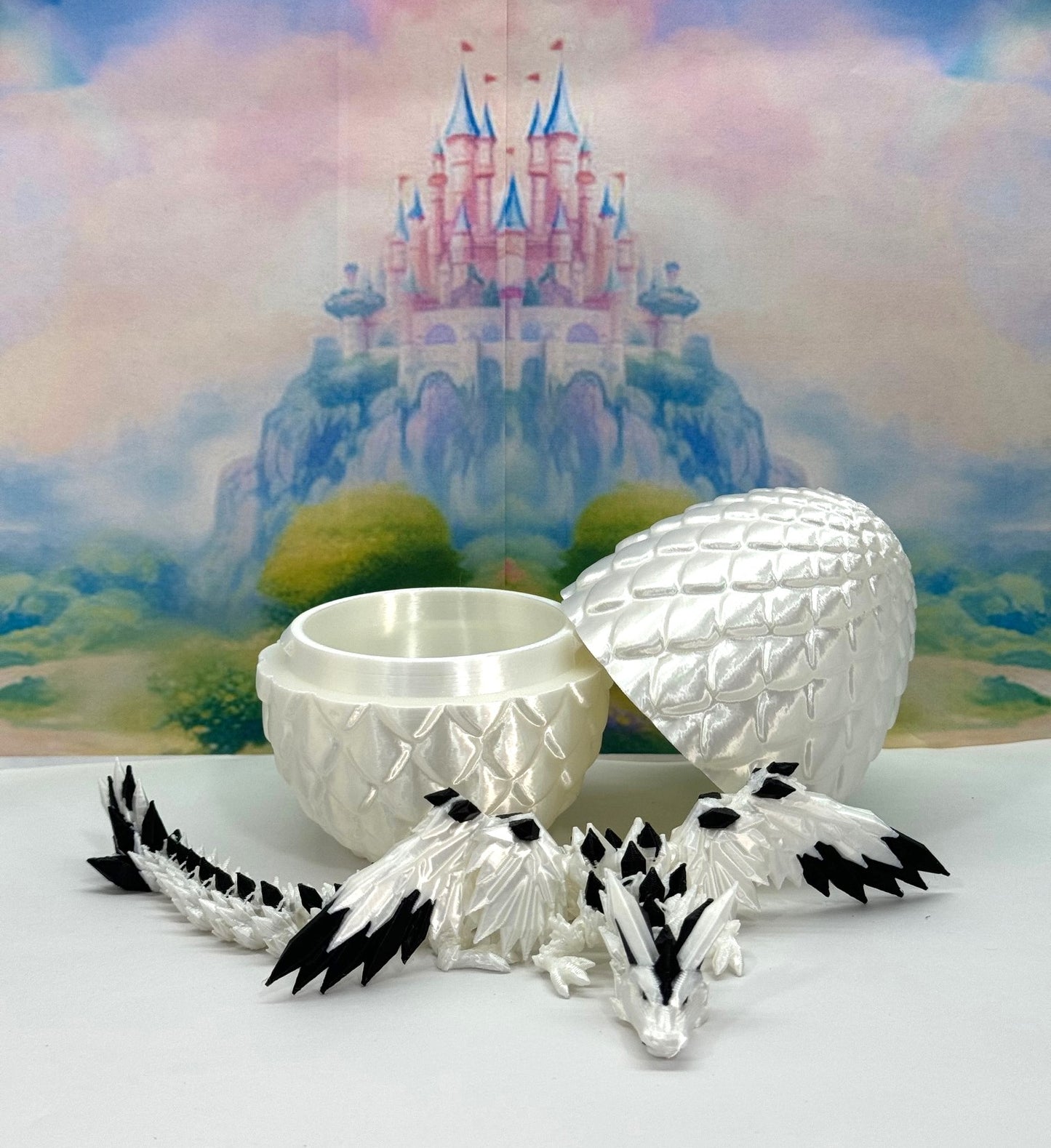 3D Printed Dragon with Egg, Articulated White and Black Crystal Winged Dragon, Fidget ADHD Dragon Toy - CW011-WE