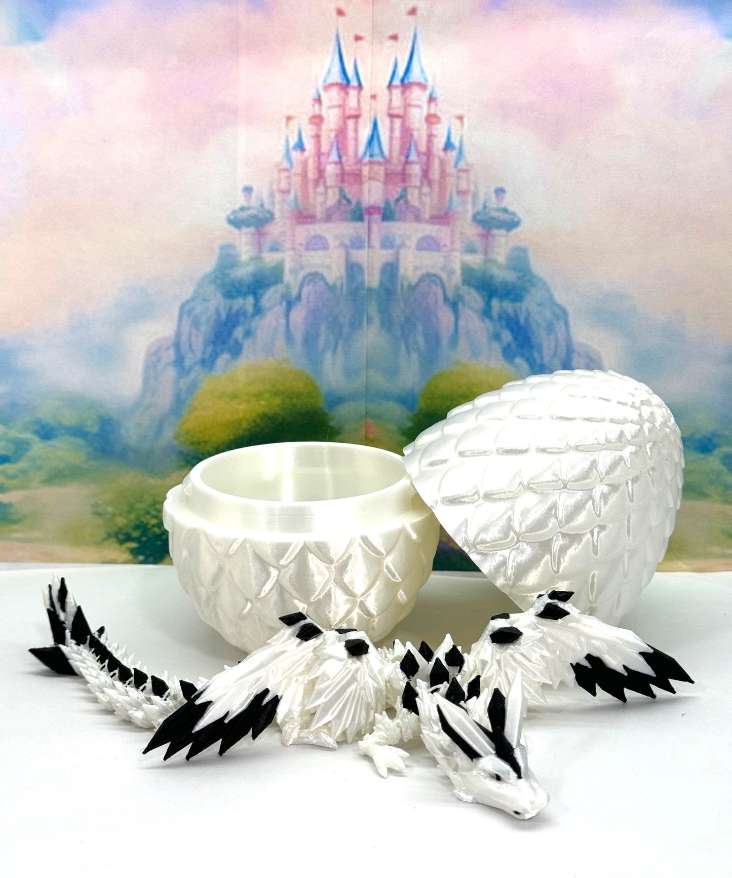 3D Printed Dragon with Egg, Articulated White and Black Crystal Winged Dragon, Fidget ADHD Dragon Toy - CW011-WE