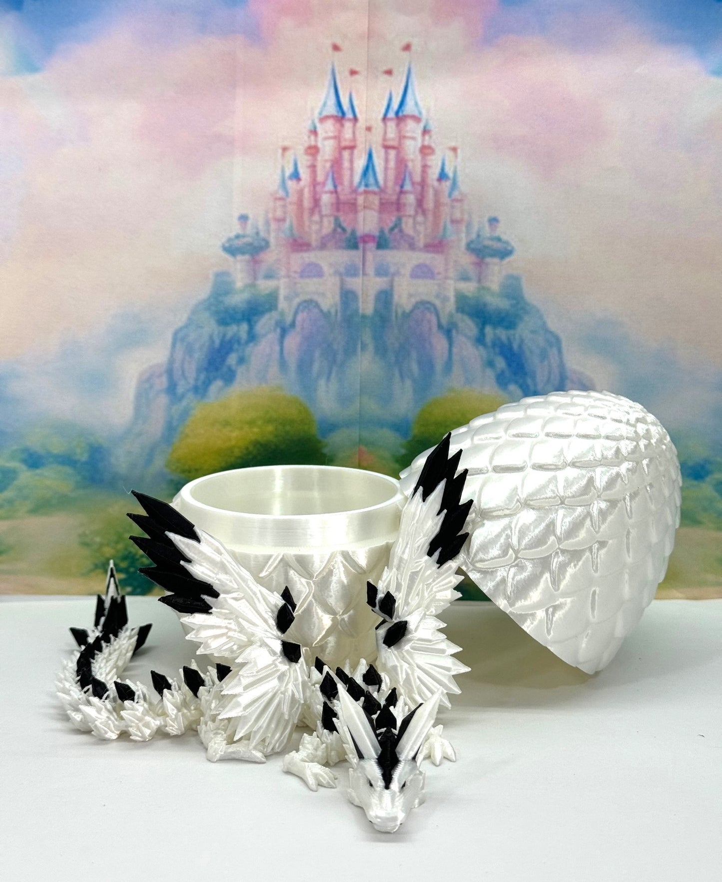3D Printed Dragon with Egg, Articulated White and Black Crystal Winged Dragon, Fidget ADHD Dragon Toy - CW011-WE