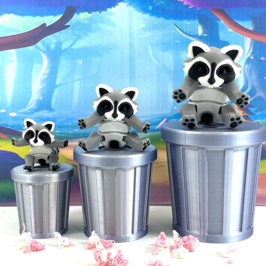 3PCS 3D Printed Racoon with Trashcan, Articulated Gray and Black Trash Panda Racoons, Tiny Animal Figures, Birthday Party Decorations AR001-SET