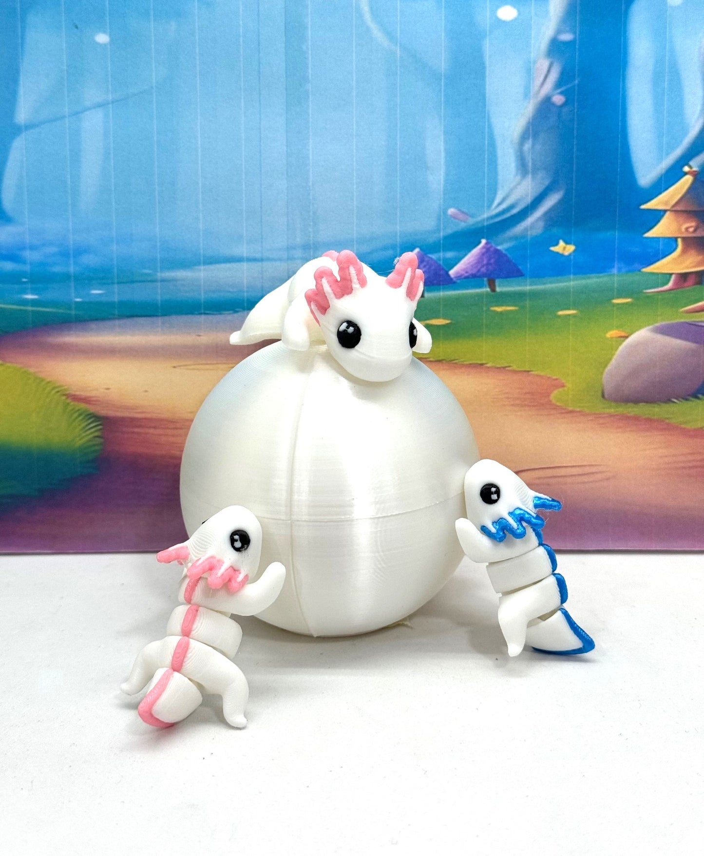 3D Printed Articulated Mini Axolotl with Egg, 2pcs Colorful Fidget Mini Axolotl Figures, Tiny Animal Figures, Birthday Party Decorations MA001-3X