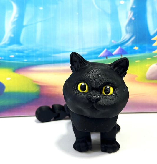 Articulated British Shorthair Cat, 6" Cute 3D Printed Cat Fidget Toy, Gift for Cat Lovers - ABSHC-Black