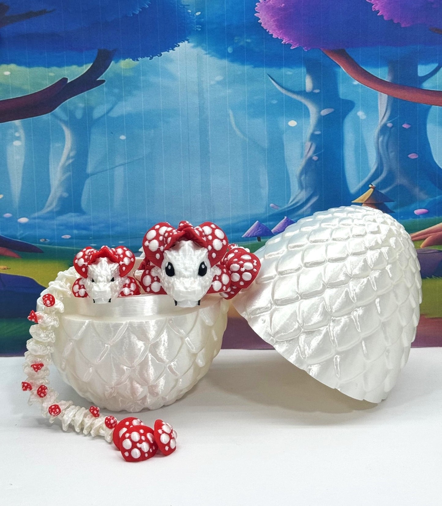 3D Printed Dragons and Egg, Articulated White and Red Mushroom Dragons, Fidget ADHD Toy MCD-036-06-WE