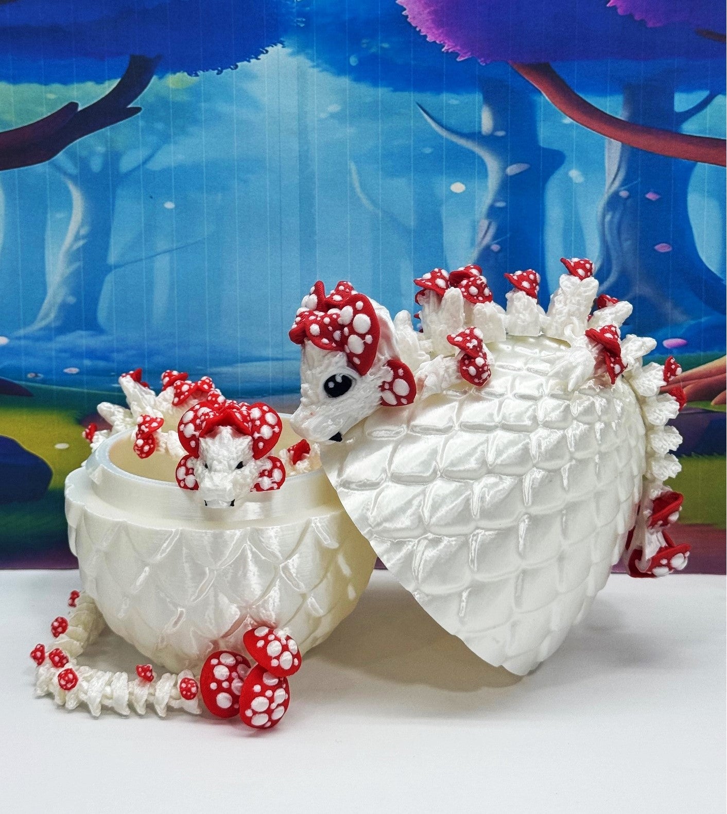 3D Printed Dragons and Egg, Articulated White and Red Mushroom Dragons, Fidget ADHD Toy MCD-036-06-WE