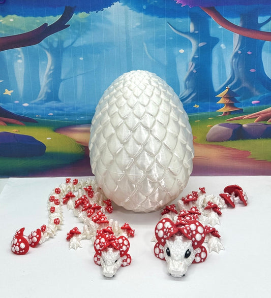 3D Printed Dragons and Egg, Articulated White and Red Mushroom Dragons, Fidget ADHD Toy MCD-036-06-WE