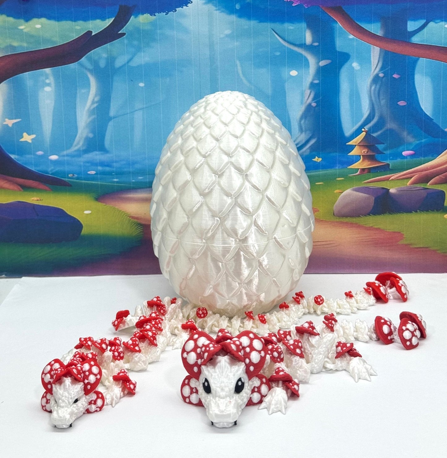 3D Printed Dragons and Egg, Articulated White and Red Mushroom Dragons, Fidget ADHD Toy MCD-036-06-WE