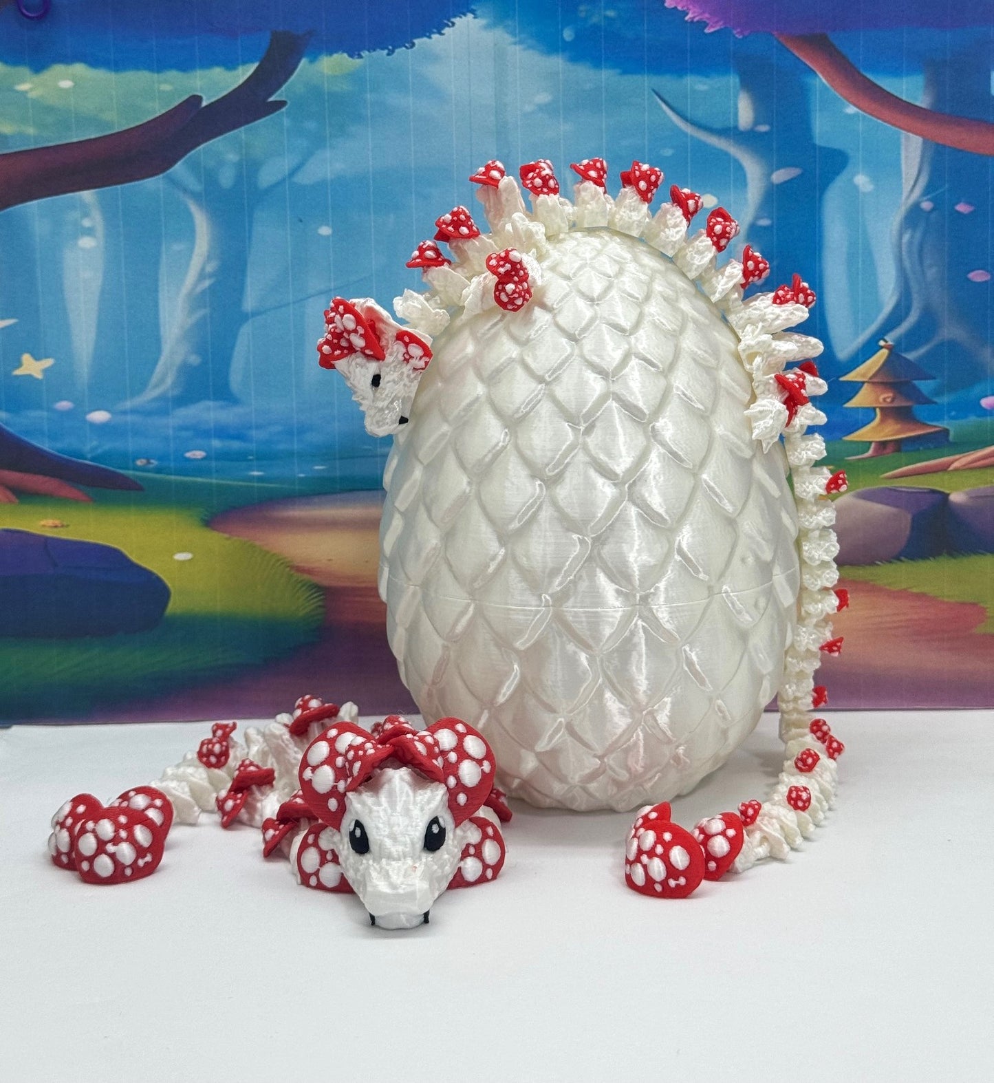 3D Printed Dragons and Egg, Articulated White and Red Mushroom Dragons, Fidget ADHD Toy MCD-036-06-WE