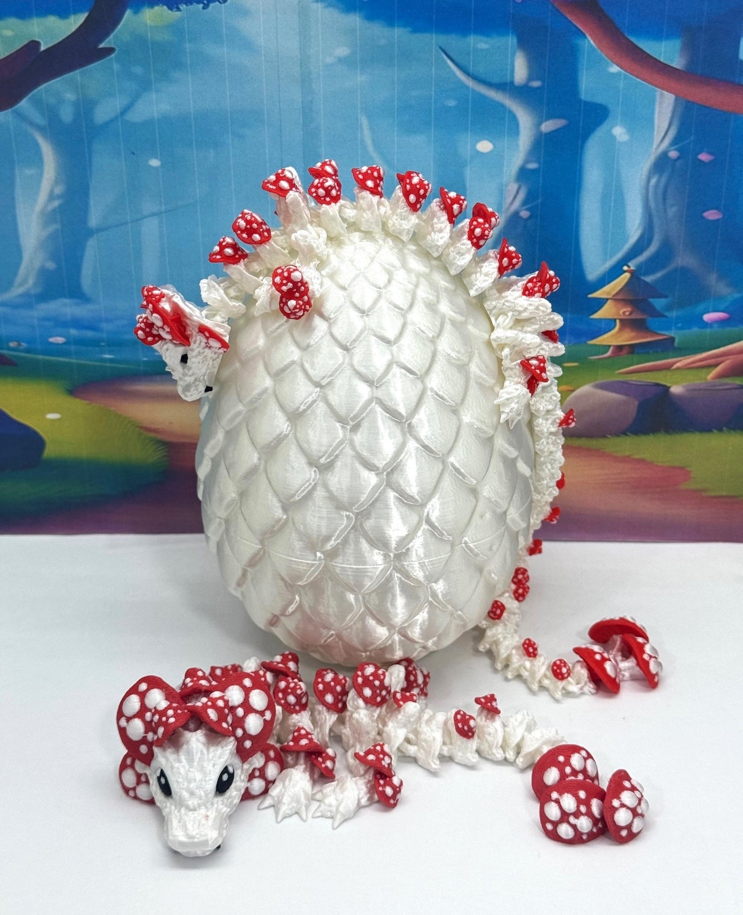3D Printed Dragons and Egg, Articulated White and Red Mushroom Dragons, Fidget ADHD Toy MCD-036-06-WE