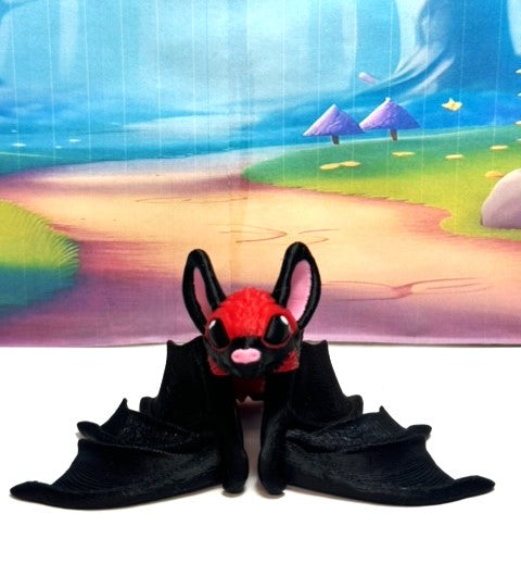 Cute 3D Printed Bat, Articulated Cinderbat for Halloween Decor, Black and Red Spooky Poseable Trick or Treat Bats.