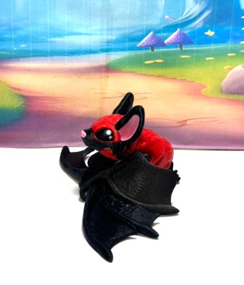 Cute 3D Printed Bat, Articulated Cinderbat for Halloween Decor, Black and Red Spooky Poseable Trick or Treat Bats.