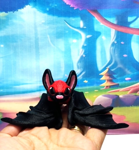 Cute 3D Printed Bat, Articulated Cinderbat for Halloween Decor, Black and Red Spooky Poseable Trick or Treat Bats.