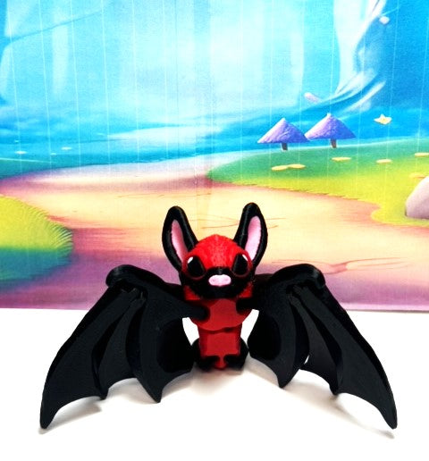 Cute 3D Printed Bat, Articulated Cinderbat for Halloween Decor, Black and Red Spooky Poseable Trick or Treat Bats.