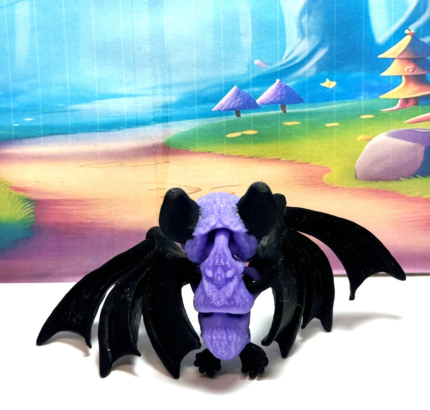 3D Printed Bat, Articulated Cinderbat for Halloween Decor, Black and Purple Spooky Poseable Trick or Treat Bats.