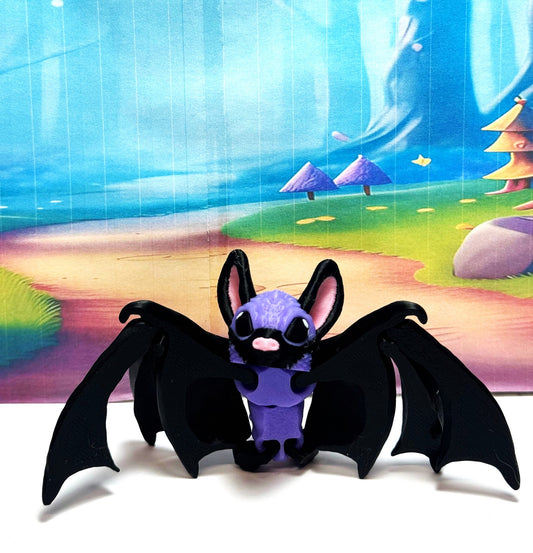 3D Printed Bat, Articulated Cinderbat for Halloween Decor, Black and Purple Spooky Poseable Trick or Treat Bats.