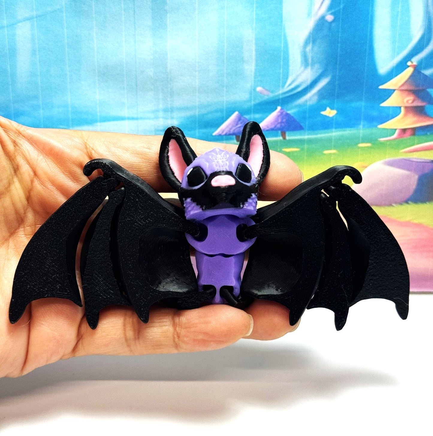 3D Printed Bat, Articulated Cinderbat for Halloween Decor, Black and Purple Spooky Poseable Trick or Treat Bats.