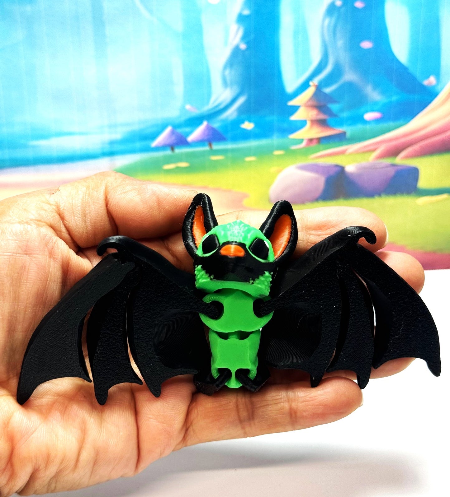 3D Printed Bat, Articulated Cinderbat for Halloween Decor, Black and Green Spooky Poseable Trick or Treat Bats.