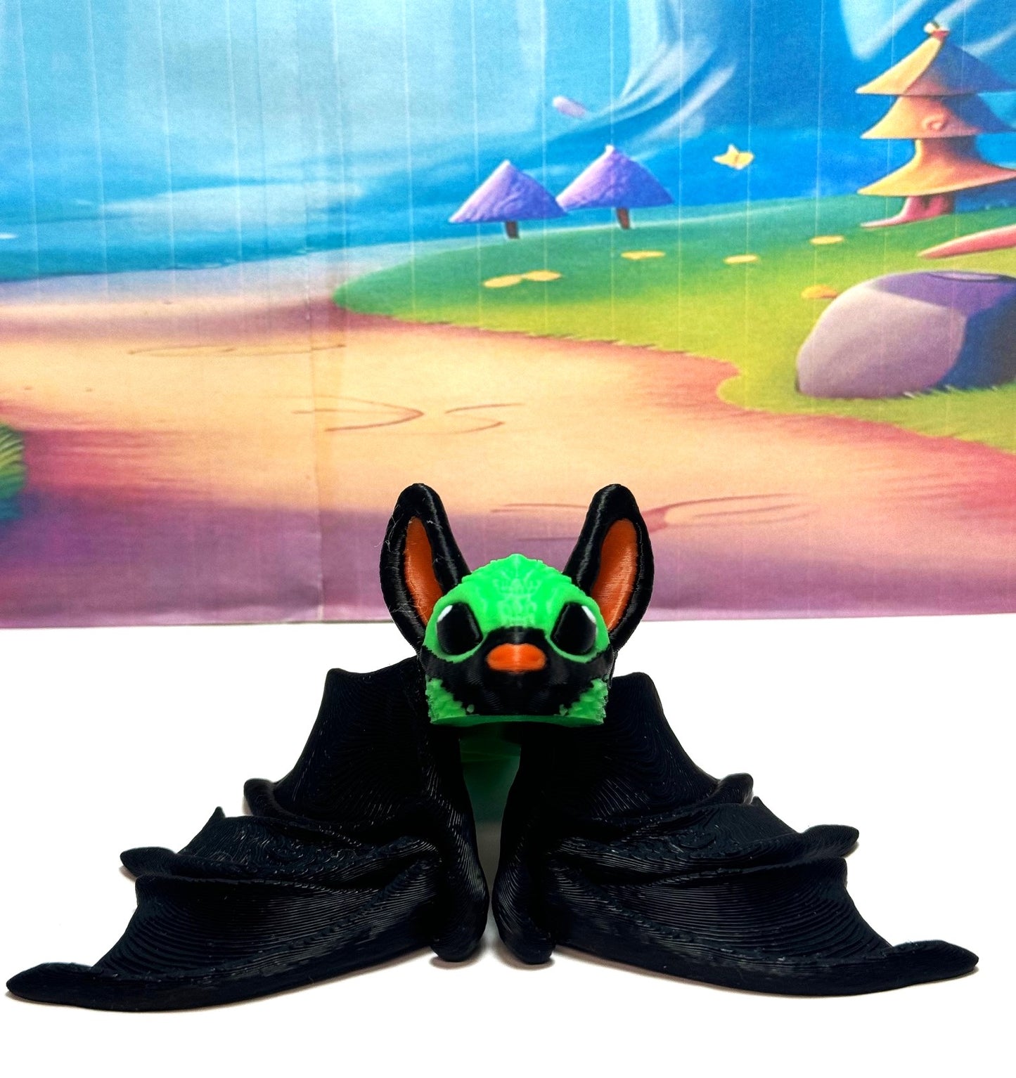 3D Printed Bat, Articulated Cinderbat for Halloween Decor, Black and Green Spooky Poseable Trick or Treat Bats.