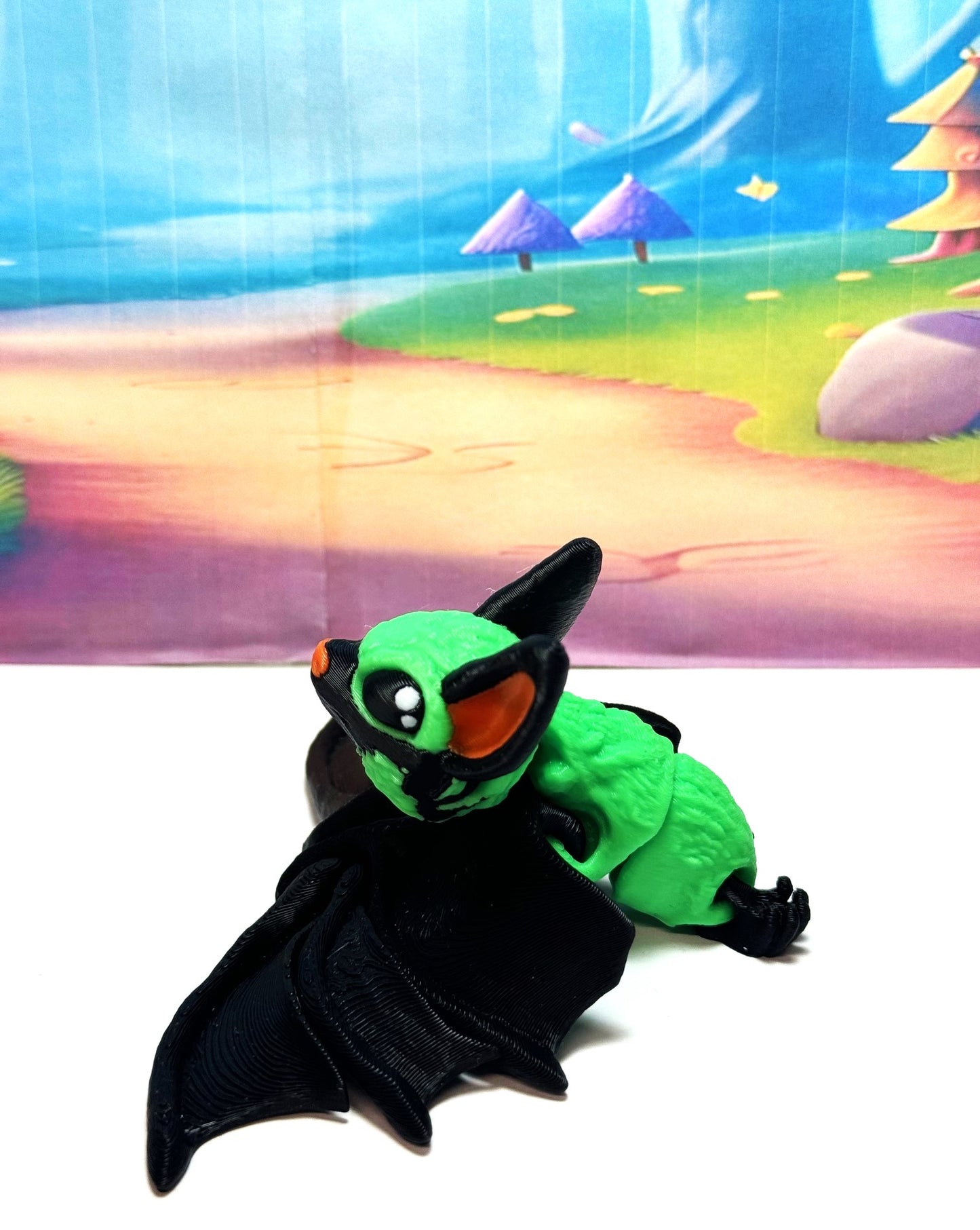 3D Printed Bat, Articulated Cinderbat for Halloween Decor, Black and Green Spooky Poseable Trick or Treat Bats.