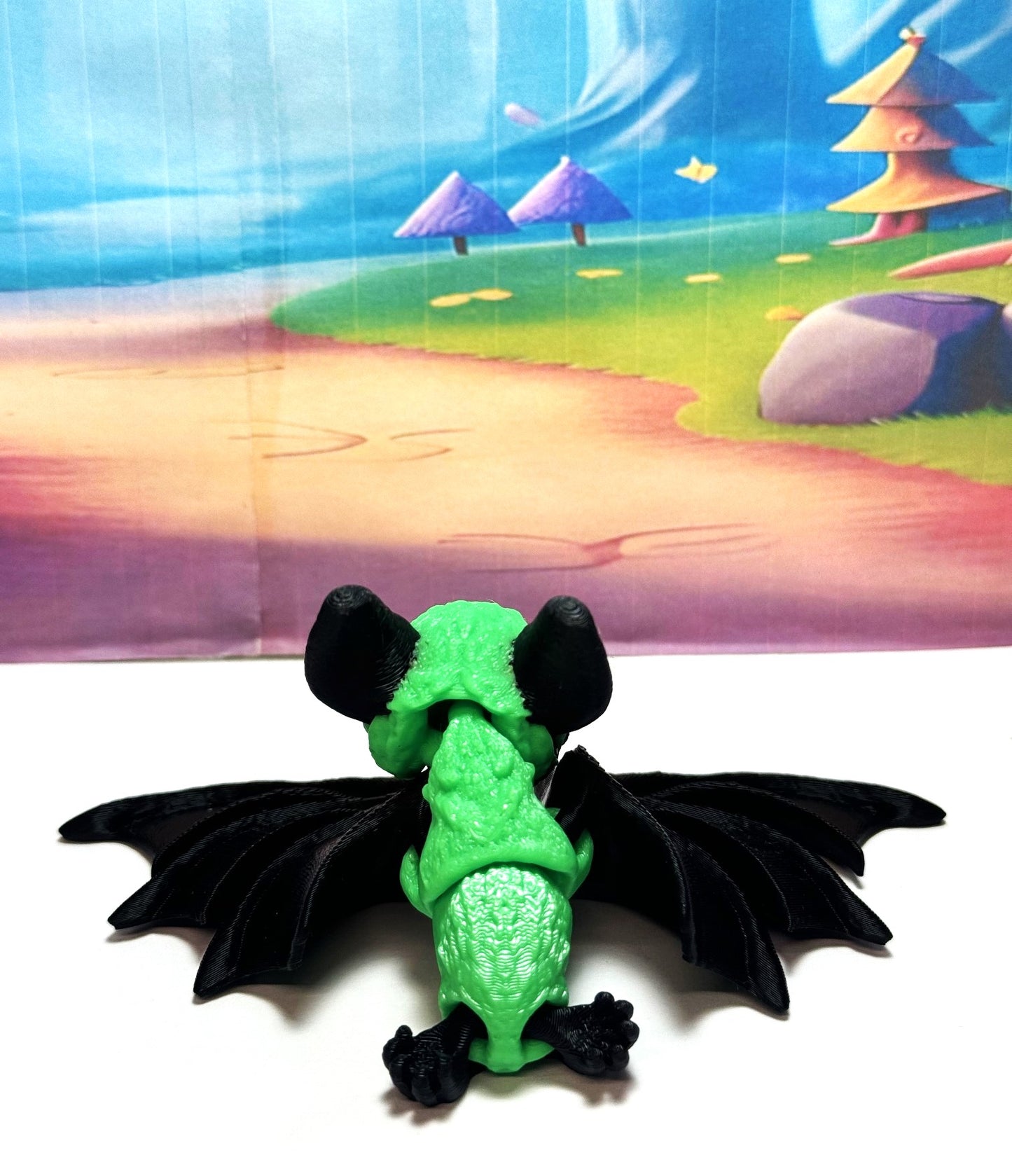 3D Printed Bat, Articulated Cinderbat for Halloween Decor, Black and Green Spooky Poseable Trick or Treat Bats.