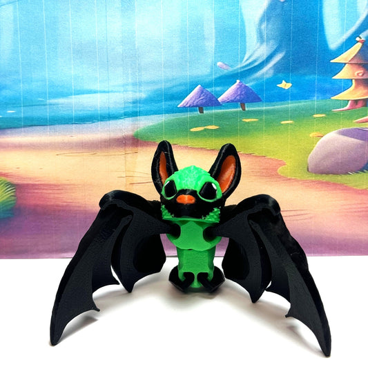 3D Printed Bat, Articulated Cinderbat for Halloween Decor, Black and Green Spooky Poseable Trick or Treat Bats.