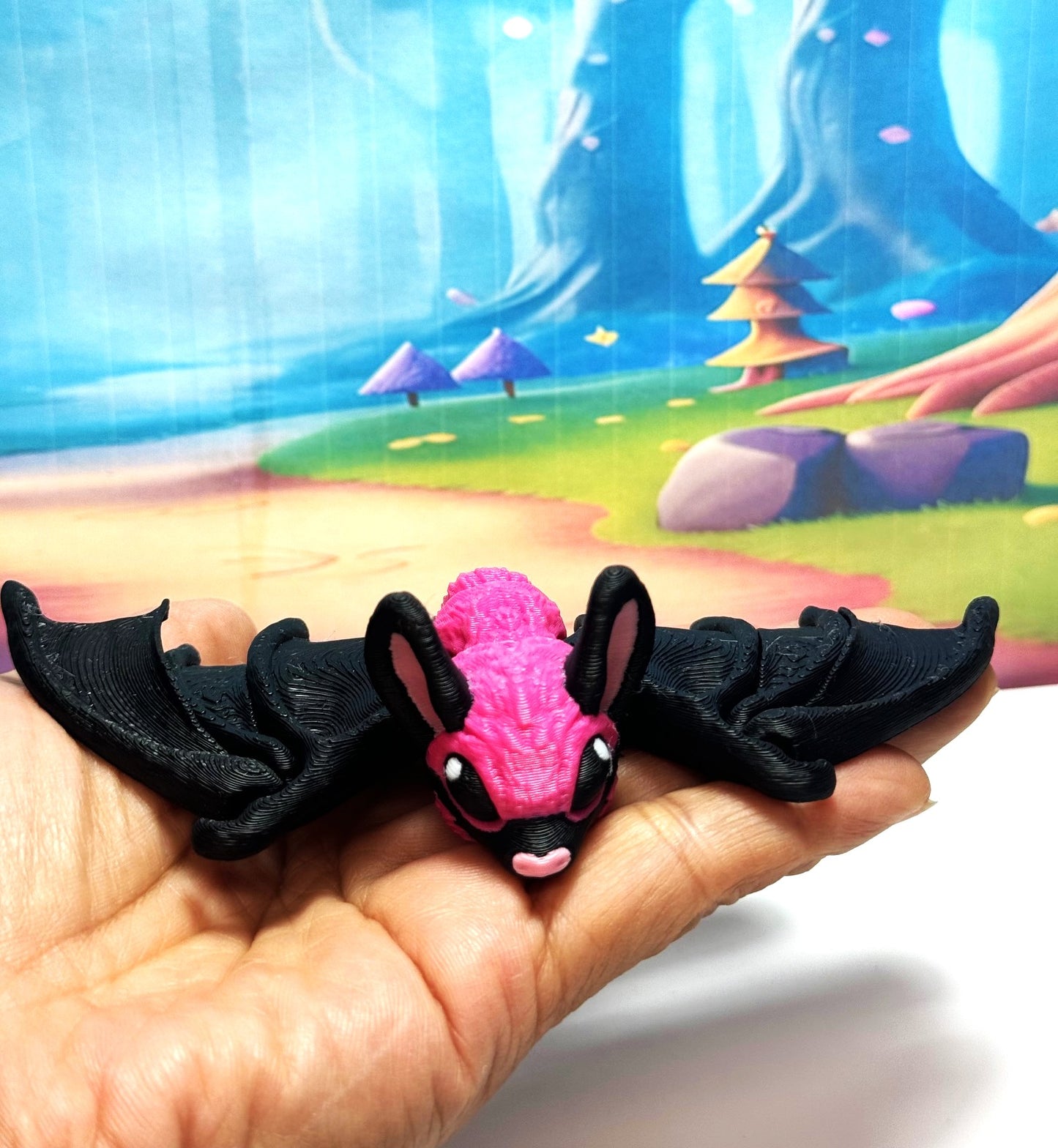 3D Printed Bat, Articulated Cinderbat for Halloween Decor, Black and Magenta Spooky Poseable rick or Treat Bats.