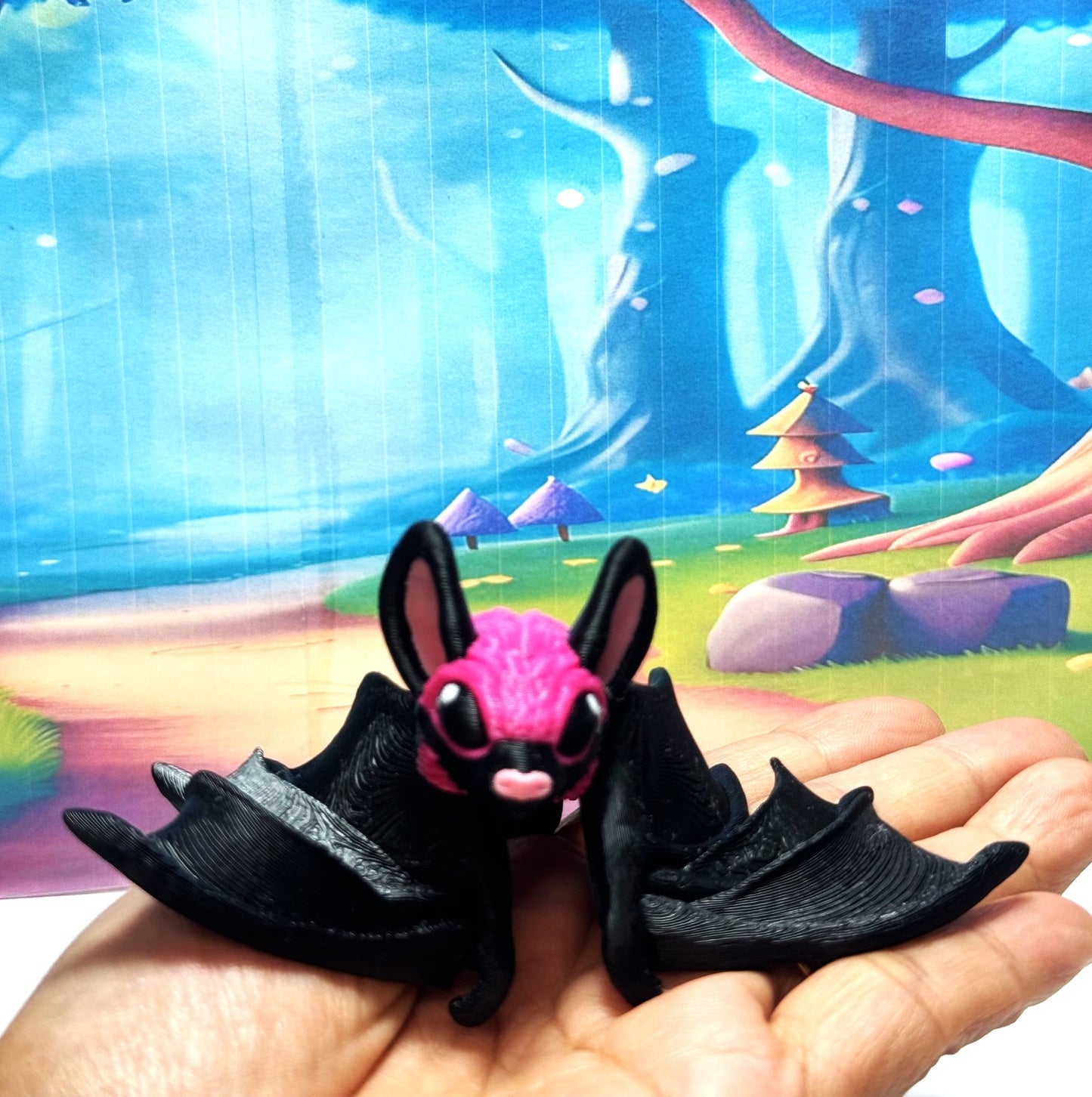 3D Printed Bat, Articulated Cinderbat for Halloween Decor, Black and Magenta Spooky Poseable rick or Treat Bats.