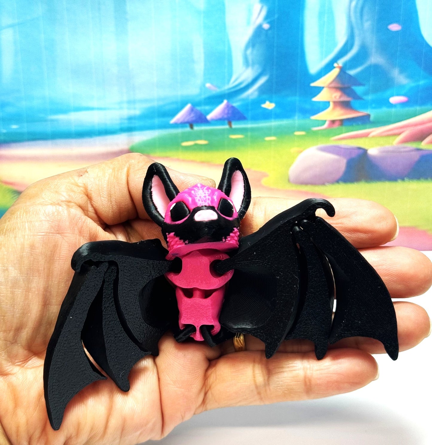 3D Printed Bat, Articulated Cinderbat for Halloween Decor, Black and Magenta Spooky Poseable rick or Treat Bats.