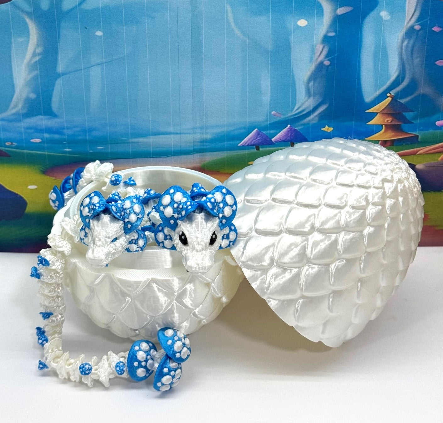 3D Printed Dragons with Dragon Egg, Articulated Mother and Child Dragons, White and Blue Mushroom Dragons, Fidget ADHD Autism Toy MCD-046-006-WB