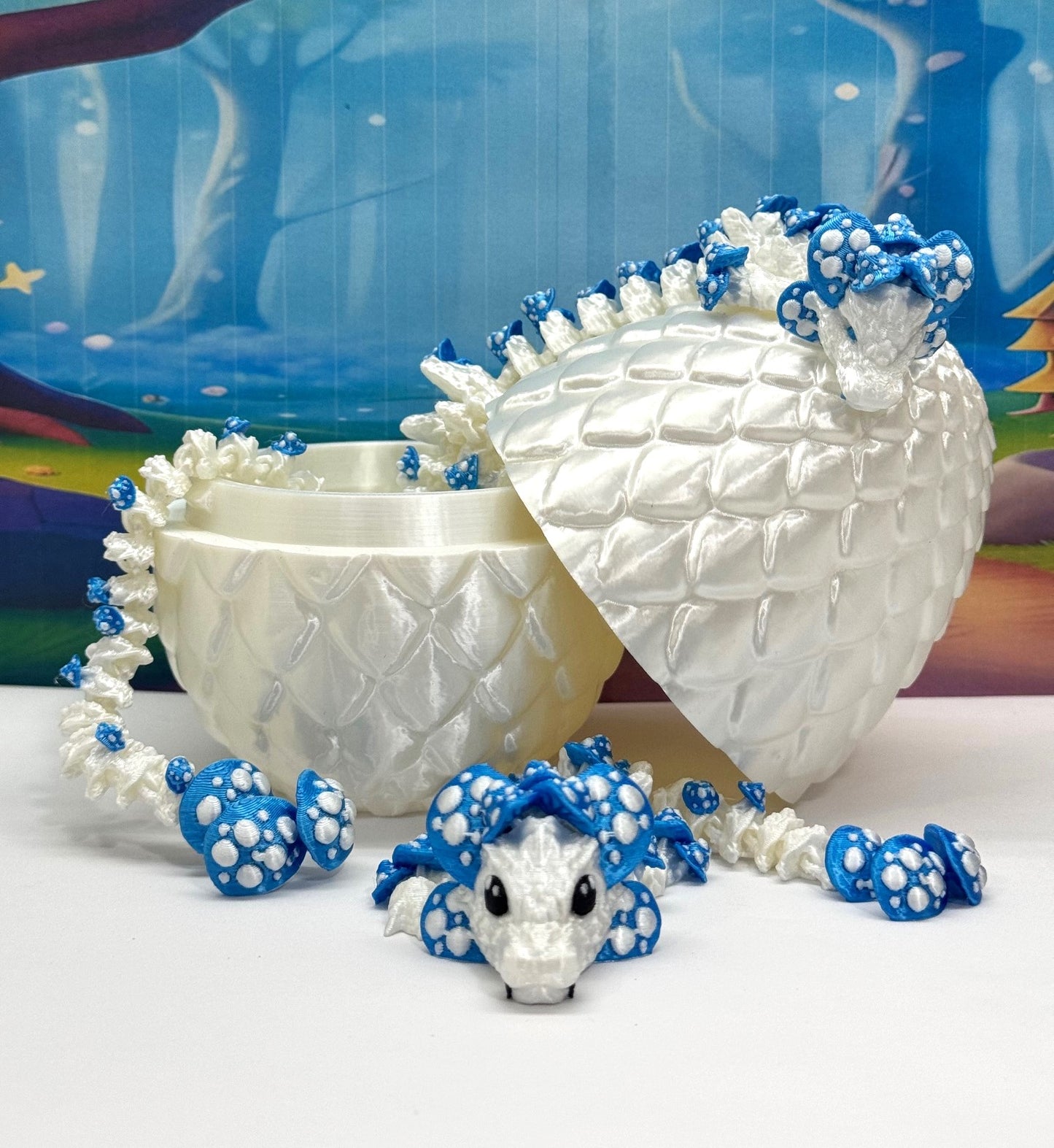 3D Printed Dragons with Dragon Egg, Articulated Mother and Child Dragons, White and Blue Mushroom Dragons, Fidget ADHD Autism Toy MCD-046-006-WB