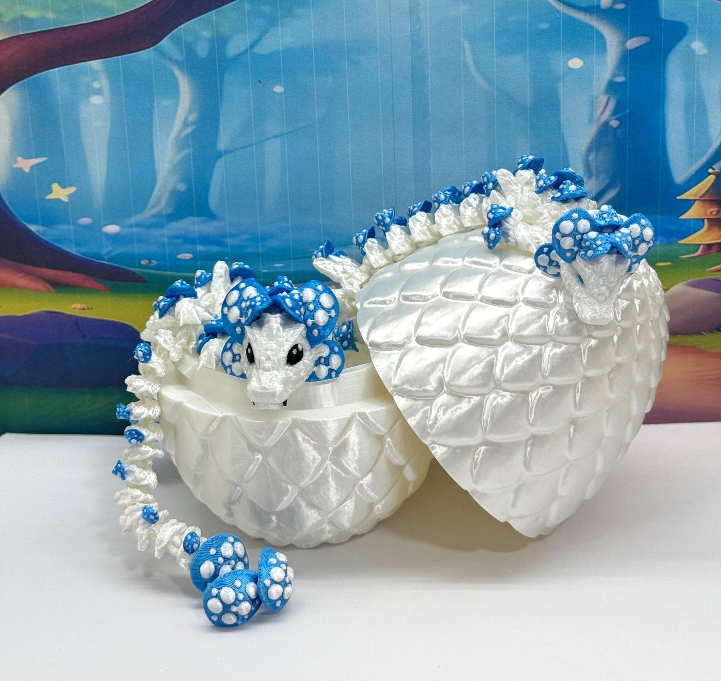 3D Printed Dragons with Dragon Egg, Articulated Mother and Child Dragons, White and Blue Mushroom Dragons, Fidget ADHD Autism Toy MCD-046-006-WB